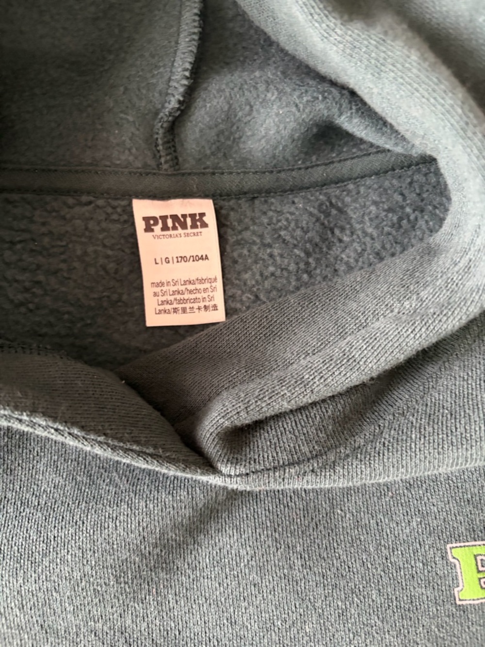 PINK Victoria's Secret Dark Green Men's Crewneck Hoodie with Lime Logo - Picture 3 of 3